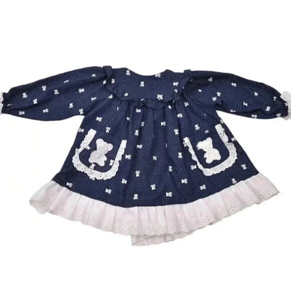 Vintage Blue White Ruffle EyeletTeddy Bear Long Sleeve Prairie Dress Size 24M - Picture 1 of 7